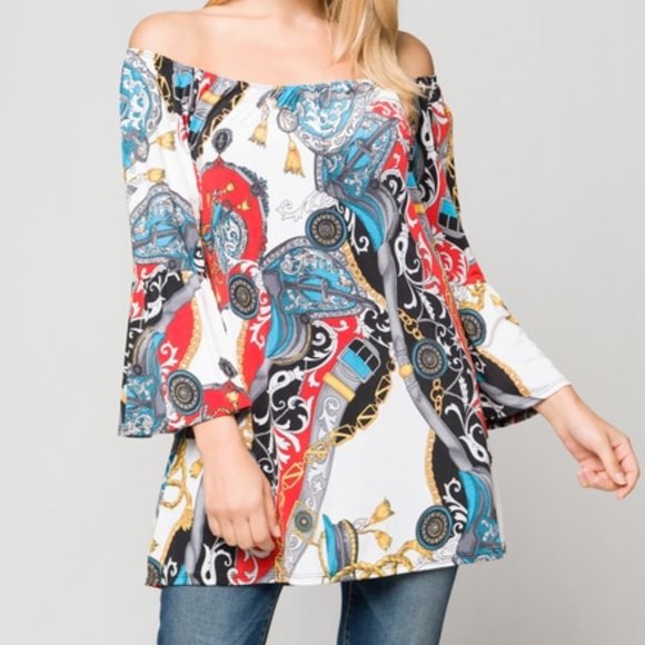 Multi Colored Tunic With One Sided Collar And 3/4 Sleeves